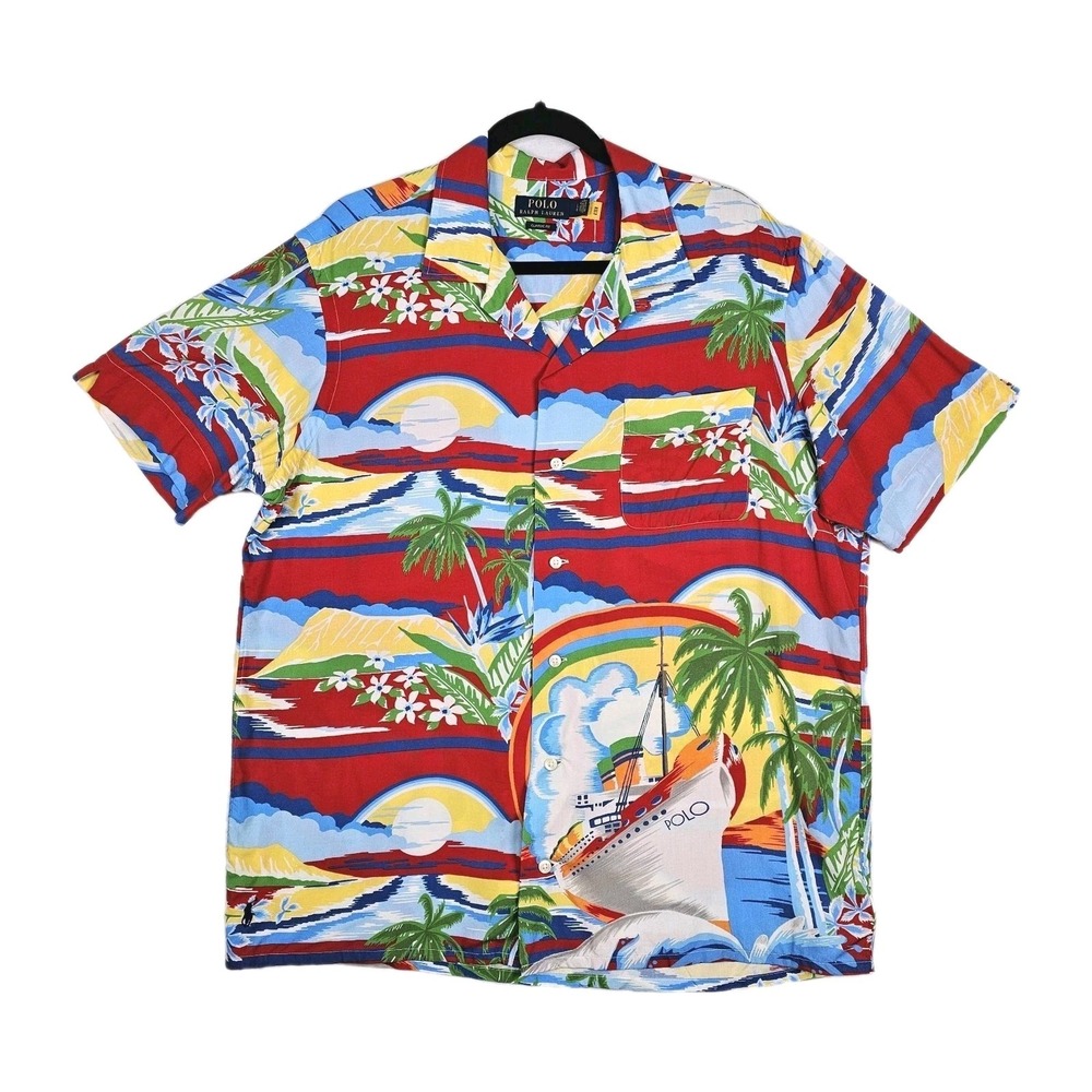 Polo Ralph Lauren Tropical Camp Hawaiian Shirt Mens L Pony Floral Aloha Bright